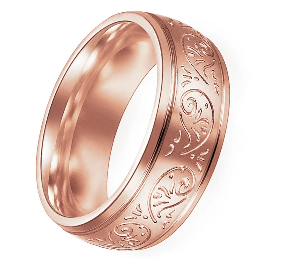Ebay Wedding Rings for Women. 7mm Rose Stainless Steel Band Floral Etched Design - Image 1 of 4