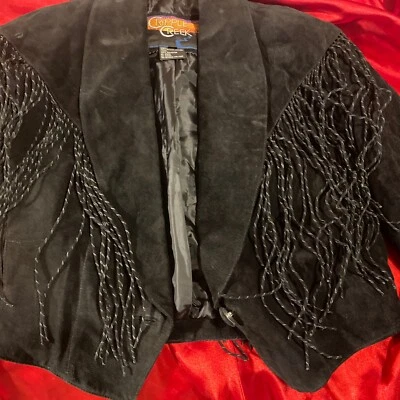 Cripple Creek Western Fringe Suede Leather Jacket 90s Cropped Black Large *read* - Image 1 of 4