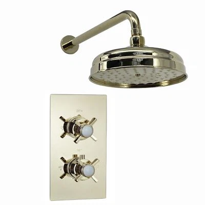 Edwardian Shower Set Crosshead Wall Fixed Thermostatic 8" Gold Brass ENKI SH0278