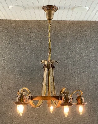 Antique Arts & Crafts 1920s Arrow 5 Bulb Gilded Wrought Iron Chandelier - 23" - Image 1 of 4
