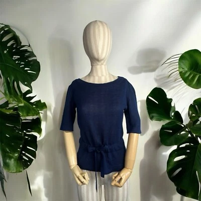 复古 LANVIN Paris 蓝色丙烯酸针织毛衣上衣,尺寸 42,腰带学院风 — 第 1/4 张图片