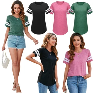 Women's Loose Round Neck T-Shirt Short Sleeve Striped Colorblock Breathable Tops - Picture 1 of 27