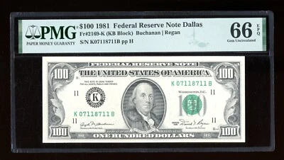 DBR 1981 $100 Dallas Gem Fr. 2169-K PMG 66 EPQ Serial K07118711B - Image 1 of 2