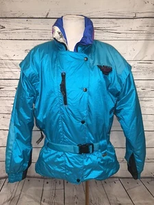 Vintage 80s 90s Womens Mountain Goat Ski Coat Sz M Teal Purple Zip Puff Belted - Picture 1 of 8