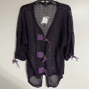Kaktus Women's Size 2XL Purple Open-Weave Button Cover Up 3/4 Sleeves Boho-Chic - Picture 1 of 10