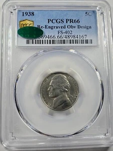 FS-402 1938 5c Jefferson Nickel PR 66 Re-Engraved PCGS & CAC  - Picture 1 of 4