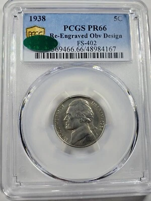 FS-402 1938 5c Jefferson Nickel PR 66 Re-Engraved PCGS & CAC  - Image 1 of 4