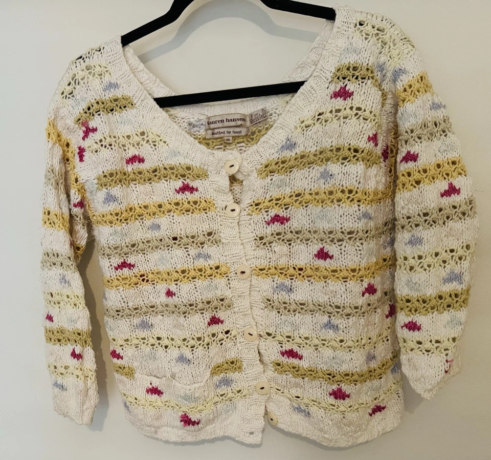 Cárdigan Suéter Tejido a Mano Lauren Hansen De Colección Y2K Talla M Multicolor Crochet Boho Foto 1 de 4