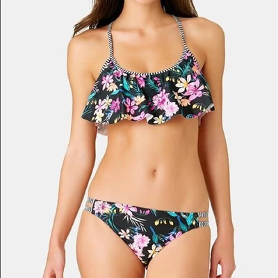 California Waves Bikini Womens M Black Floral Flounce Top Bottom 2 Piece Set NWT - Image 1 of 4