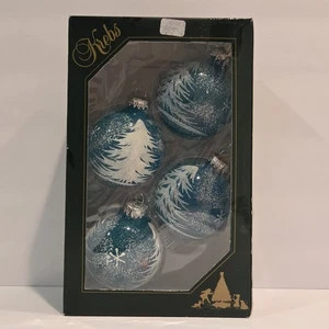 4 Krebs Aqua Translucent Royal Velvet Balls With Feathery Trees 2 5/8" KBX60489 - Picture 1 of 11