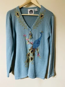 Vintage Storybook Knit Embroidered Sequined Blue Peacock Zip Cardigan Sweater M - Picture 1 of 8