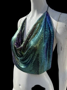 vintage 80s Disco Whiting & Davis Rainbow Colored Ombré mesh Halter Top Sexy - Picture 1 of 12