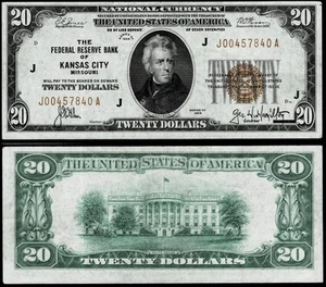 1929 $20 THE FEDERAL RESERVE BANK OF KANSAS CITY, VERY FINE - Picture 1 of 1