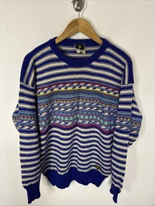 Vintage Descente Wool Sweater Men’s Large Blue White Striped Knit Ski Hong Kong - Picture 1 of 7