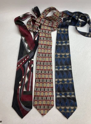 Vintage Anos 90 Y2K Lote de 3 Gravatas de Seda Masculinas Park Avenue Rene Geométricas Multicoloridas - Imagem 1 de 4