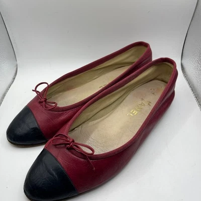 Chanel Puntera Ballet Planos Rojo Negro Cuero Arco Talla 37 Hecho en Italia Foto 1 de 4