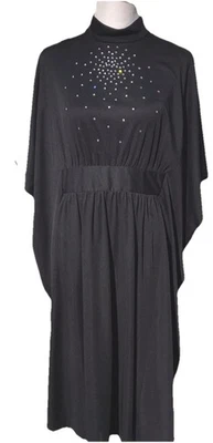 Vtg 70s ALFRED SHAHEEN Knee Length Black Formal Maxi Dress Rhinestone Formal M - Image 1 of 4