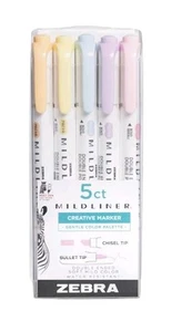 Zebra Mildliner Double Ended Highlighter 5 Count Unique Soft Color Pens - Picture 1 of 1