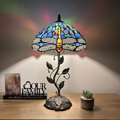 ENJOY DECOR LAMPS Tiffany Style Table Lamp Blue Stained Glass Dragonfly LED Bulb Included H22”W12”