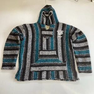 Baja Joe Black Teal Poncho Hoodie Boho Hippie Sweatshirt Women Unisex Size Small - Bild 1 von 8