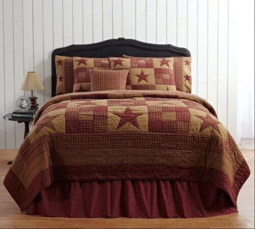 VHC NINEPATCH RED STAR Full Queen QUILT FARMHOUSE PRIMITIVE BURGUNDY COUNTRY