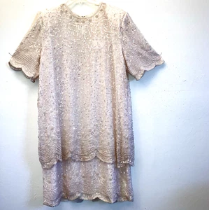 BRILLIANTE BY JA sz 2X Ivory 100% Silk Chiffon AB Beaded Tiered Cocktail Dress - Picture 1 of 5