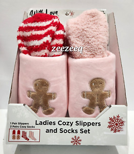 Christmas Pink Gingerbread Women's Cozy Slippers & Socks XL (9 1/2 - 10 1/2)