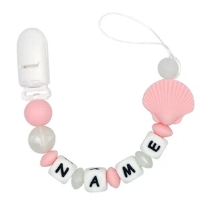 Personalised Pacifier Clip Name Dummy Clip Silicone Beaded Chain Holder Shell - Picture 1 of 10