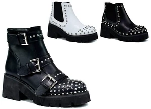 Damen Nieten Stiefel Knöchel schwarz Blockabsatz klobig leicht Biker Winter Größen 3-8 - Bild 1 von 16