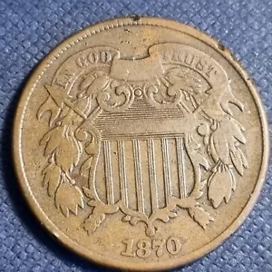1870 Two Cent Piece 2c Copper Type Coin Better Grade Fine F + #89067 - Picture 1 of 2
