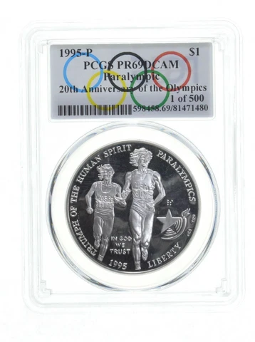 1995 Blind Runner Olympics $1 Silver Commem PR69 Spl Lbl 1 of 500 PCGS Cover