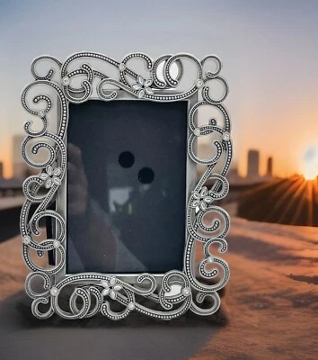 Ornate PICTURE FRAME Pewter Silver Tone Metal Crystal Rhinestone Filigree Flora1 - Image 1 of 4