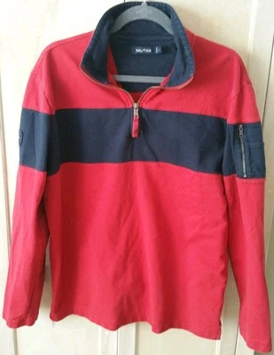 Nautica N83 Large 1/4 Zip Pullover 100% Cotton Red Blue Stripe Zip Arm Pocket - Image 1 of 4