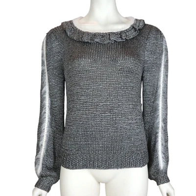 Suéter Vintage Años 80 Lujo Tejido Angora Rayas Volantes Cuello Gris Para Mujer Pequeño Foto 1 de 4