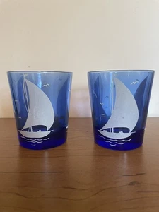 Pair Hazel Atlas Cobalt Blue Sailboat Glasses - Picture 1 of 4