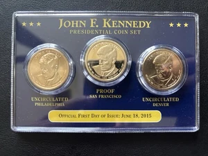 2015 primo giorno di emissione John F. Kennedy set monete presidenziali da $ 1 P, S & D - Foto 1 di 4