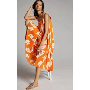 Anthropologie EXQUISE Phoebe Dress Flounced Embroidered Size Medium Orange Midi - Picture 1 of 5