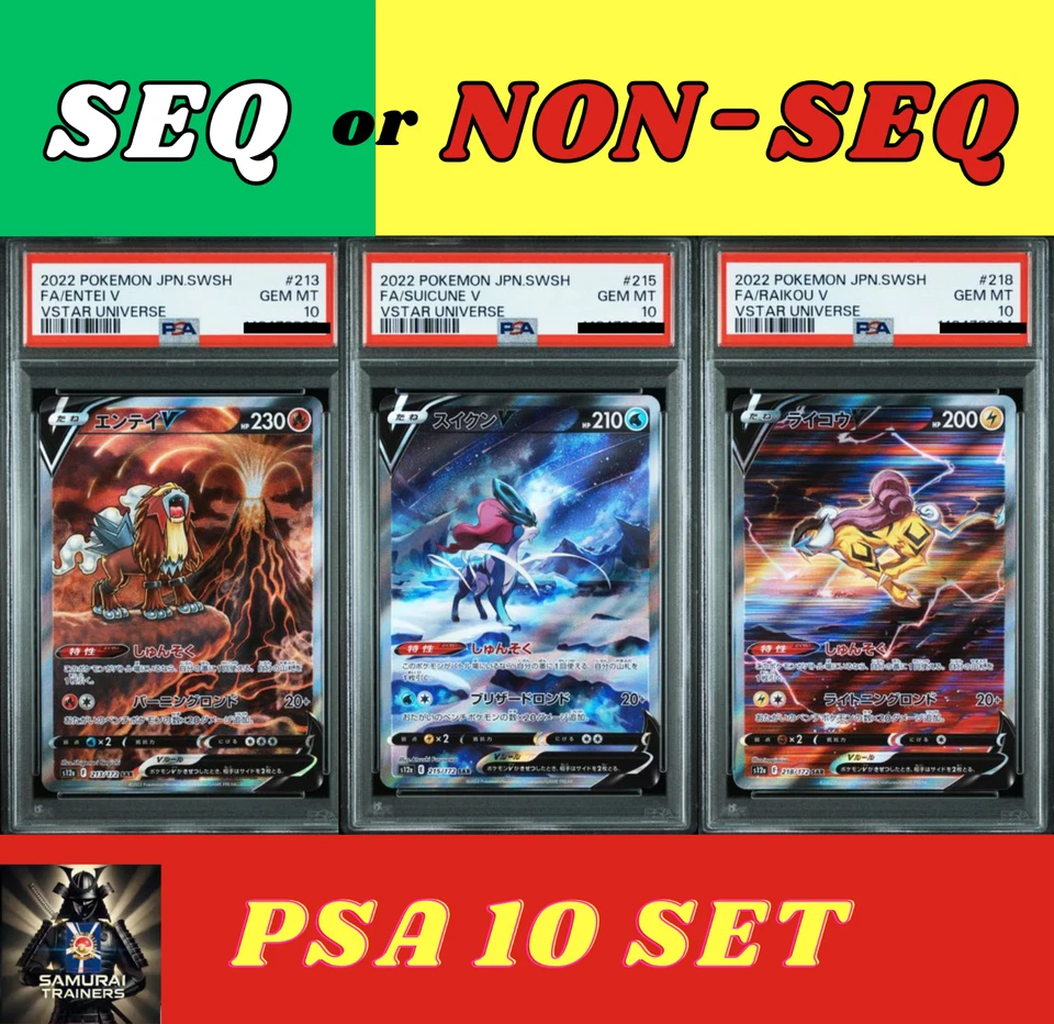 SEQ /NON SEQ PSA 10 Suicune Entei Raikou V 215 218 213/172 VSTAR Sat  Pokemon - Image 1 of 1