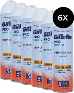6 x 250ml Gillette Shaving Foam For Men's Sensitive Skin with Eucalyptus Oil - Picture 1 of 2