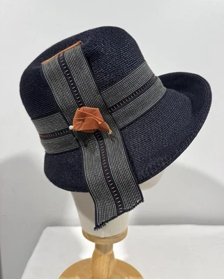 Vintage Cloche 60s Marche Hat Navy Blue Orange Ribbon Traveler Woven - Image 1 of 4