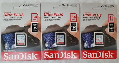 Lot of 3 SanDisk  Ultra Plus SDXC UHS-I Memory Card SDSDUW3-064G-AN6IN - Image 1 of 3