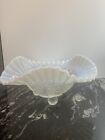 Vintage White Opalescent Ruffled Rim Flowers 3 Footed Bowl