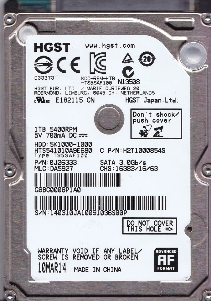  HTS541010A9E680 pn: 0J26333 mlc: DA5927 China 2014 1TB 2.5" SATA HDD H-1/4 - Image 1 of 1