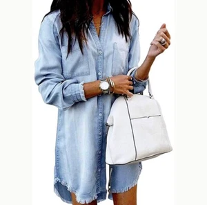 Woman’s Boho Style Denim Fringed Shirt Dress - Picture 1 of 9