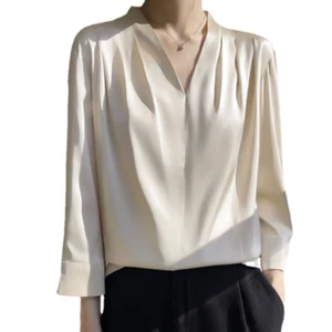 Mulberry Seide Langarmshirt Damen Morgen Satin Chiffon V-Ausschnitt Oberteil - Bild 1 von 17