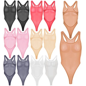 Womens Tights Swimwear Bodysuit Thong Leotard See Through Lingerie Sleeveless - Picture 1 of 44