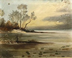 Antigua pintura al óleo luminista cazadores de patos Barnegat Bay Sneakbox primitivo siglo 1800 - Imagen 1 de 15