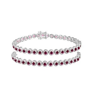 PINK TOURMALINE ROUND HALO TENNIS BRACELET WHITE GOLD OVER STERLING SILVER - Picture 1 of 3