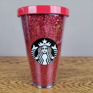 STARBUCKS Red Glitter Cold Cup Tumbler 16 Oz Holiday - Picture 1 of 6