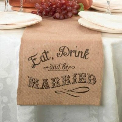 Brown Burlap Wedding Table Runner, Eat, Drink and be Married - Image 1 of 4